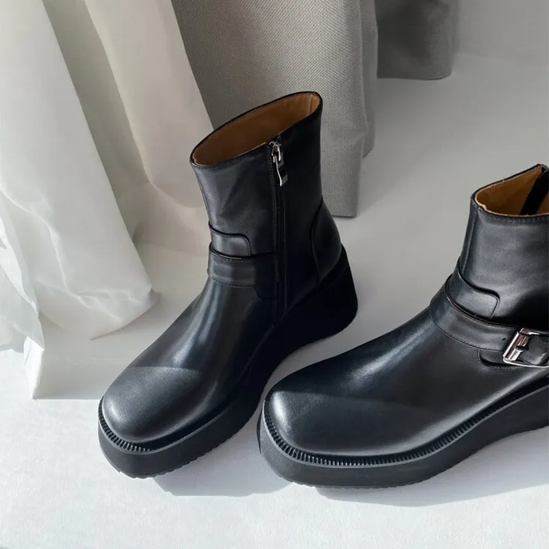 Leather Platform Wedge Boots 70mm Heeled with Buckle and Size Zipper in Black