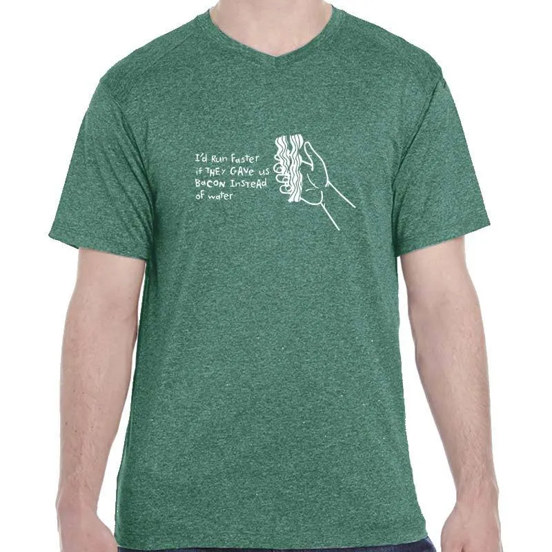Men's Heathersoft Tech Short Sleeve Shallow V - "I'd Run Faster If They Gave Us Bacon Instead Of Water"