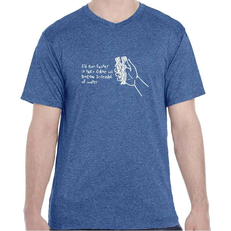 Men's Heathersoft Tech Short Sleeve Shallow V - "I'd Run Faster If They Gave Us Bacon Instead Of Water"