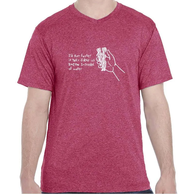Men's Heathersoft Tech Short Sleeve Shallow V - "I'd Run Faster If They Gave Us Bacon Instead Of Water"