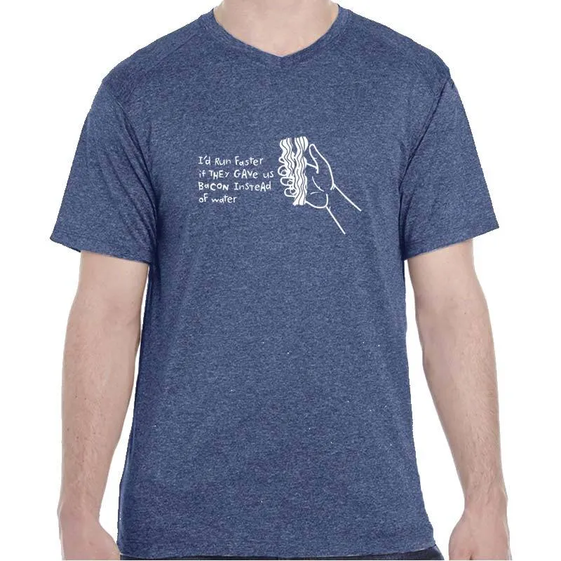Men's Heathersoft Tech Short Sleeve Shallow V - "I'd Run Faster If They Gave Us Bacon Instead Of Water"