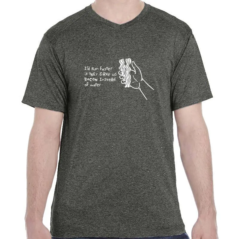 Men's Heathersoft Tech Short Sleeve Shallow V - "I'd Run Faster If They Gave Us Bacon Instead Of Water"