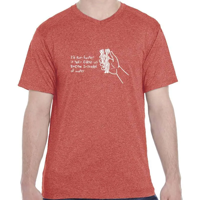 Men's Heathersoft Tech Short Sleeve Shallow V - "I'd Run Faster If They Gave Us Bacon Instead Of Water"