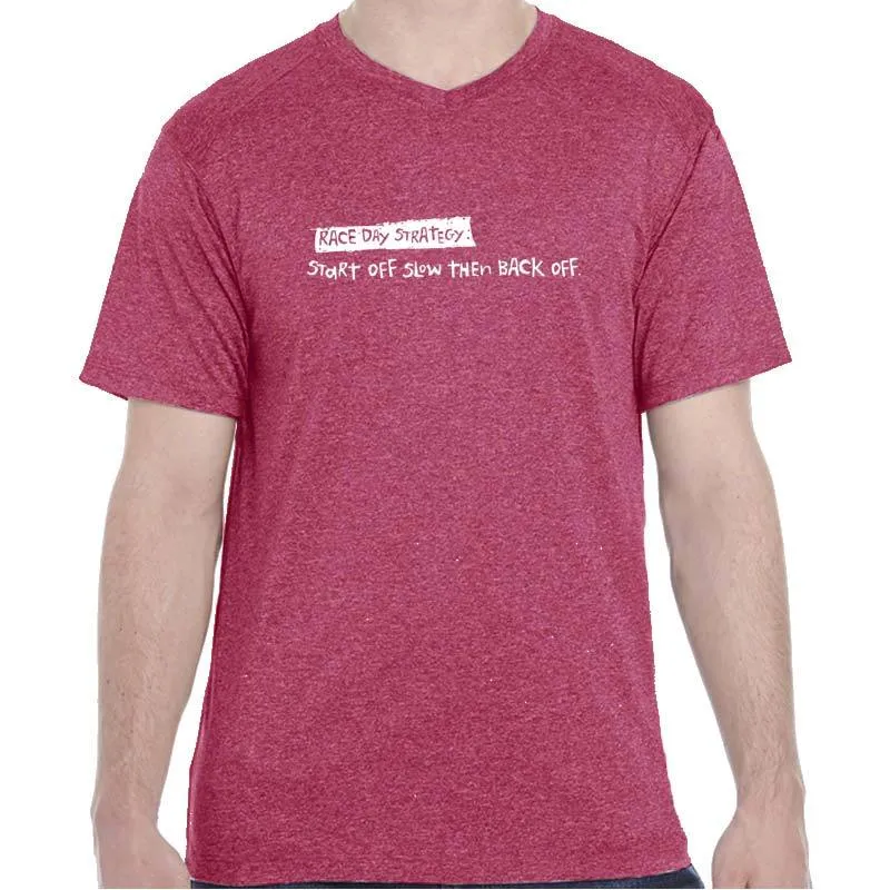 Men's Heathersoft Tech Short Sleeve Shallow V - "Race Day Strategy: Start Off Slow Then Back Off"