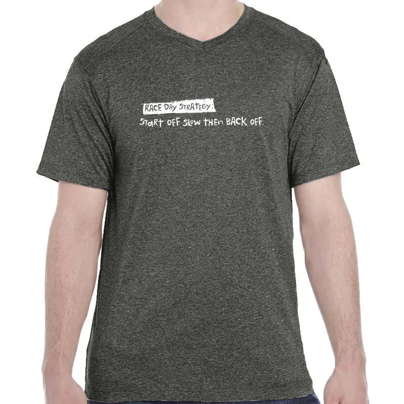 Men's Heathersoft Tech Short Sleeve Shallow V - "Race Day Strategy: Start Off Slow Then Back Off"