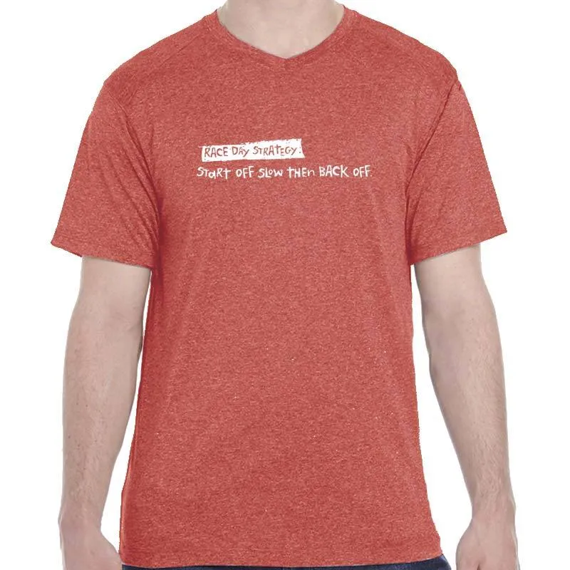 Men's Heathersoft Tech Short Sleeve Shallow V - "Race Day Strategy: Start Off Slow Then Back Off"