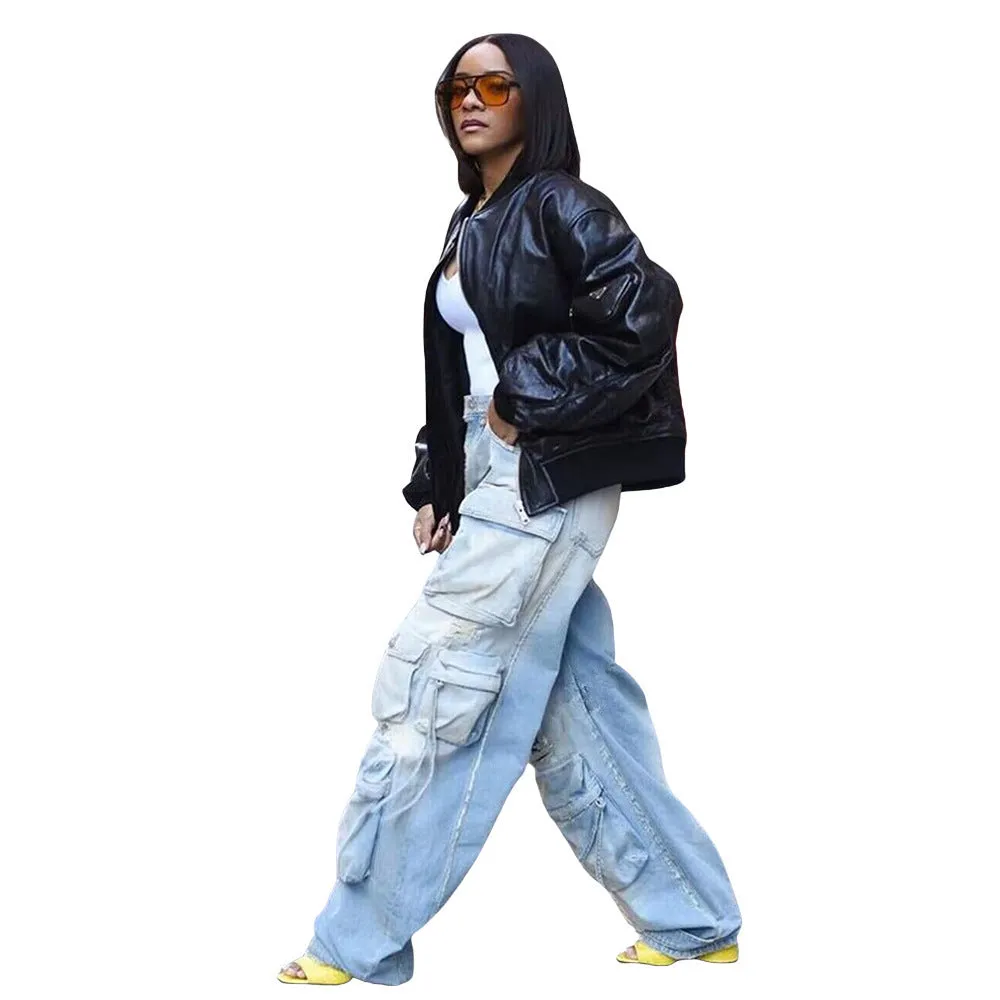 Retro multi-pocket denim pants