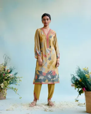 Rural Green Printer Kurta with 
delicate lace detailing with Tulip Pants and Dupatta
